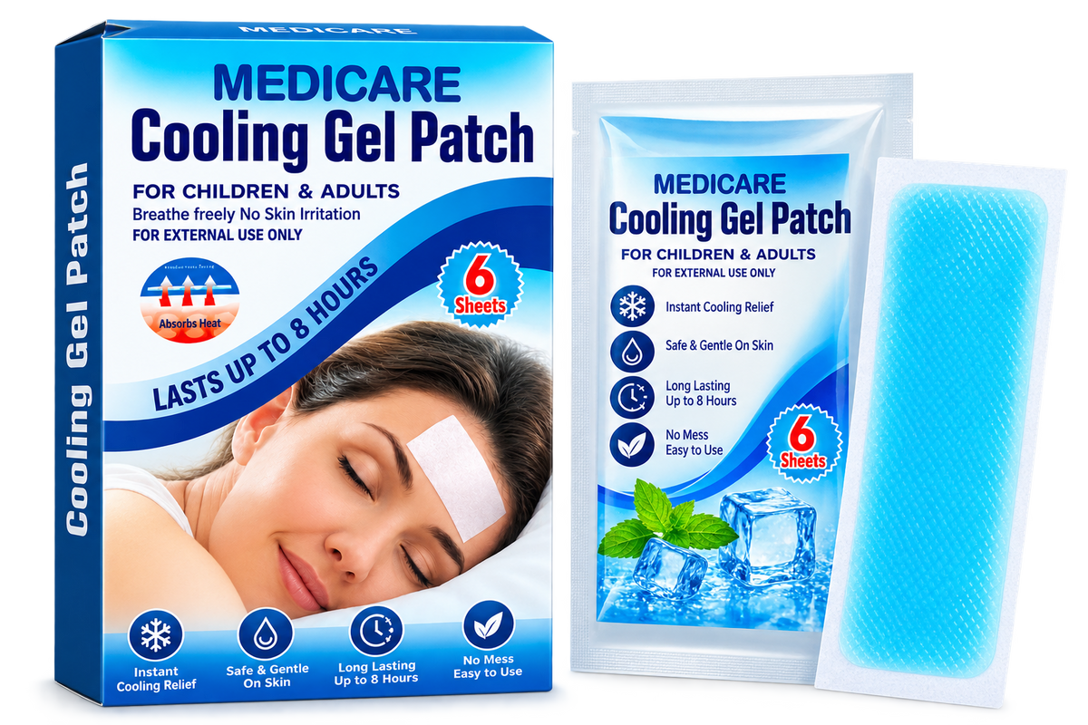 Medicare Cooling Gel Patch - Fever & Pain Relief Hydrogel Pads for Children & Adults (6 Sheets)