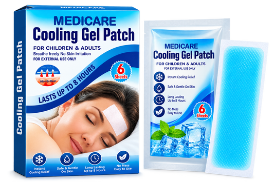 Medicare Cooling Gel Patch - Fever & Pain Relief Hydrogel Pads for Children & Adults (6 Sheets)