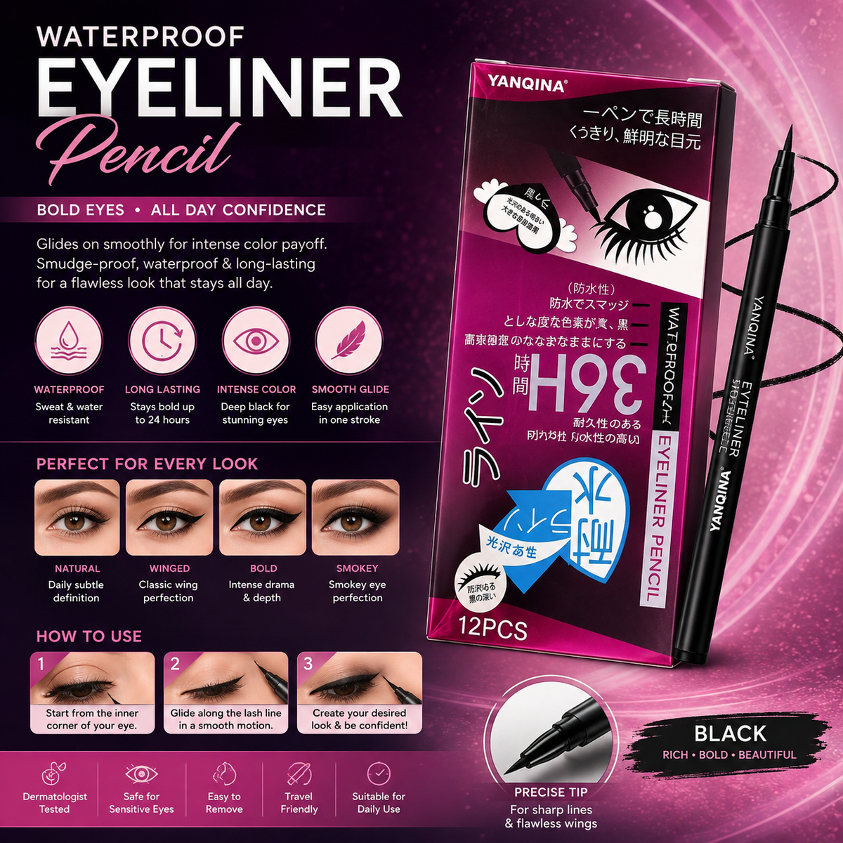 Waterproof Eyeliner Pencil Long Lasting Black Liquid Eye Liner Pen, Smudge Proof & Quick Dry Eye Makeup