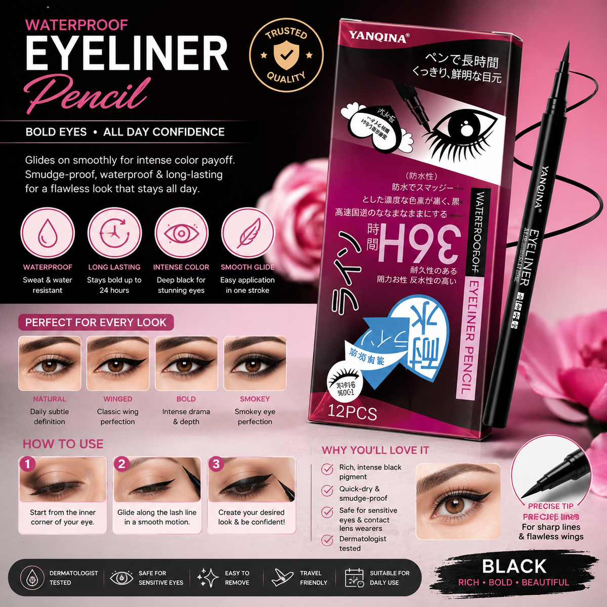 Waterproof Eyeliner Pencil Long Lasting Black Liquid Eye Liner Pen, Smudge Proof & Quick Dry Eye Makeup