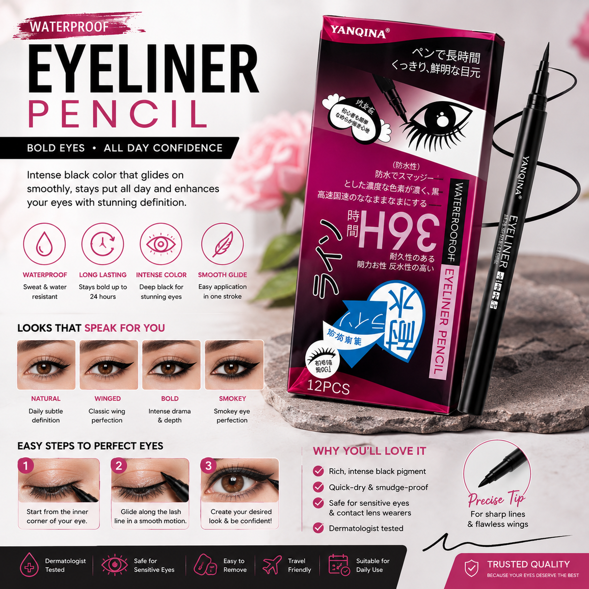 Waterproof Eyeliner Pencil Long Lasting Black Liquid Eye Liner Pen, Smudge Proof & Quick Dry Eye Makeup