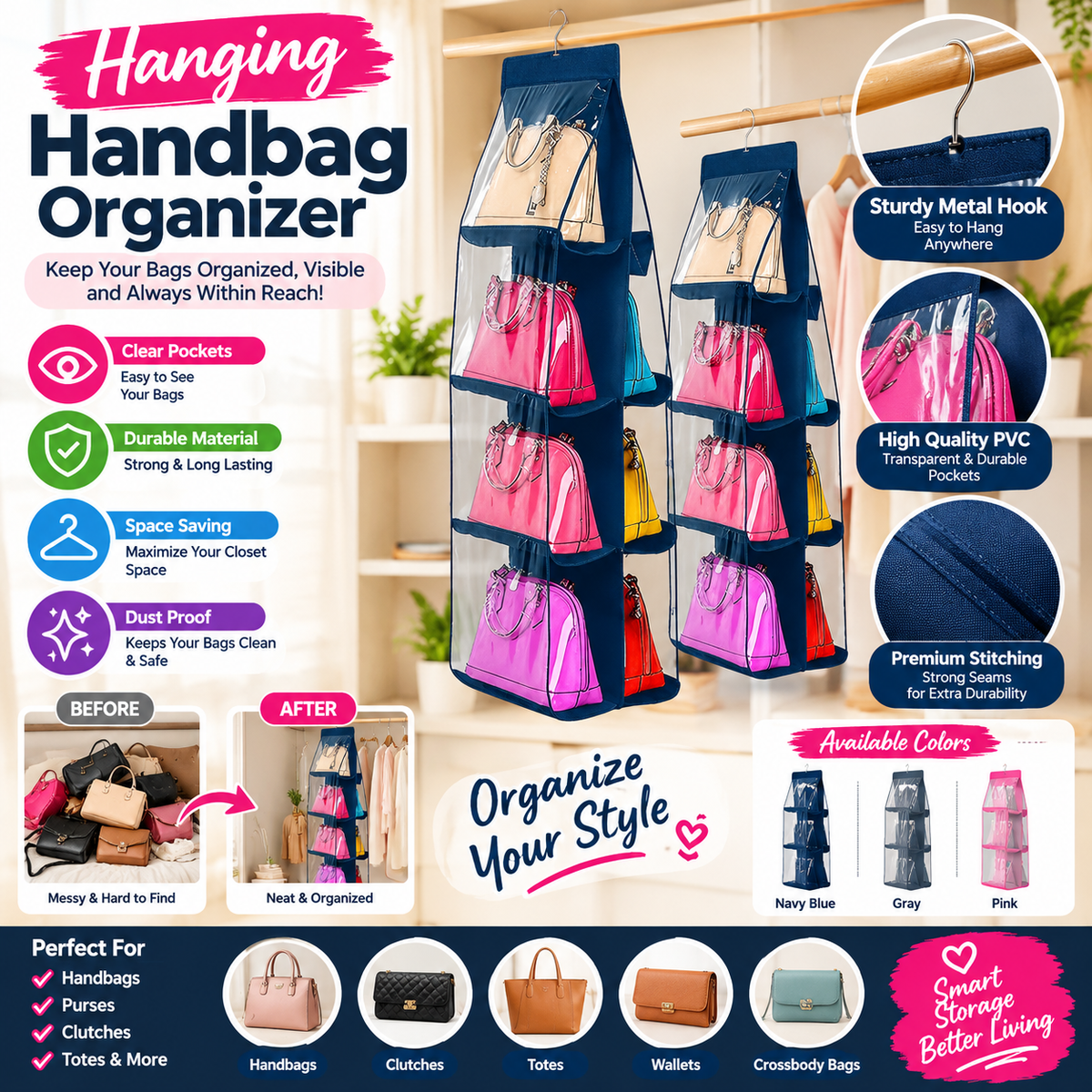 6 & 8 Pockets Hanging Purse Handbag Organizer 1 Pcs Clear Hanging Shelf Bag Collection Storage Holder Purse Bag Wardrobe Closet Space Saving Organizer