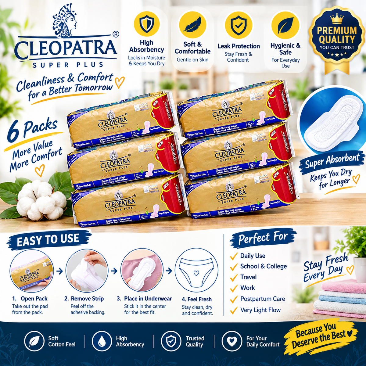 (10 Pack ) Cleopatra original sanitary pads for girls periods with 7 high-tech protective layers, 10 super plus pads