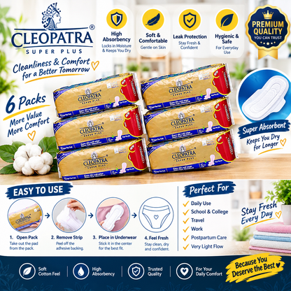 (10 Pack ) Cleopatra original sanitary pads for girls periods with 7 high-tech protective layers, 10 super plus pads
