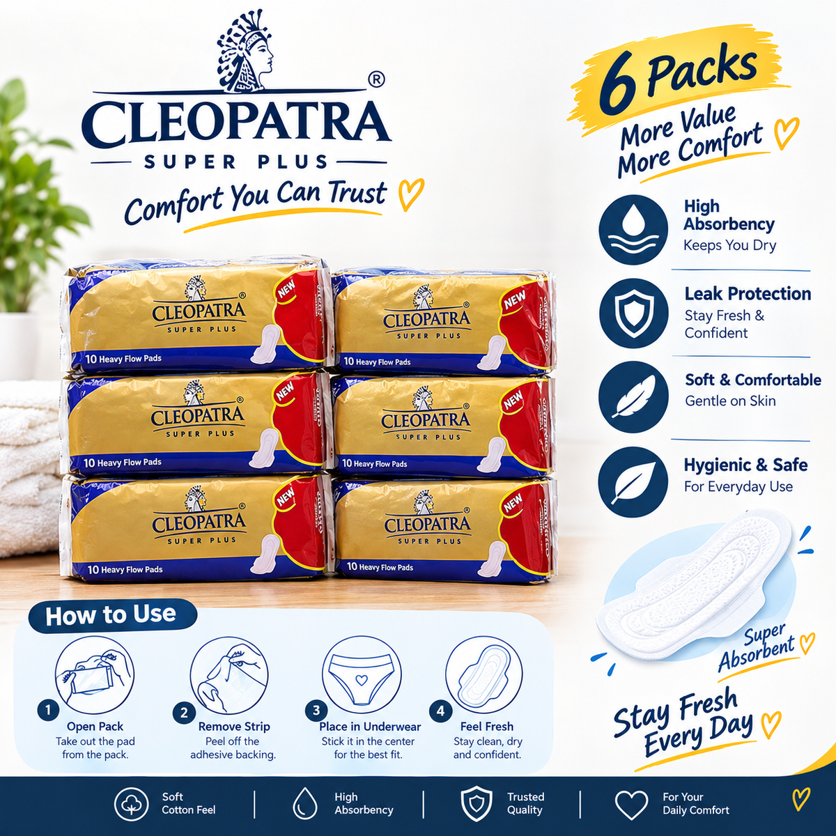 (10 Pack ) Cleopatra original sanitary pads for girls periods with 7 high-tech protective layers, 10 super plus pads
