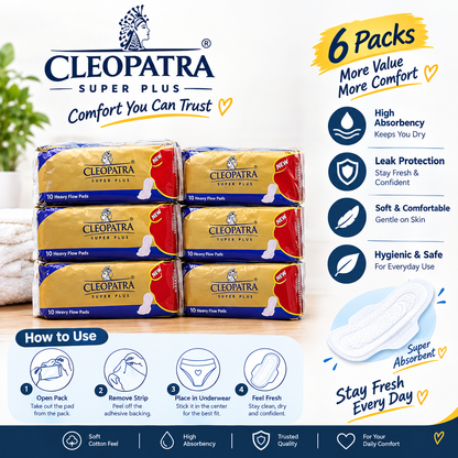 (10 Pack ) Cleopatra original sanitary pads for girls periods with 7 high-tech protective layers, 10 super plus pads