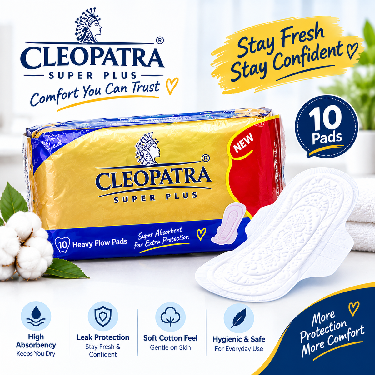 (10 Pack ) Cleopatra original sanitary pads for girls periods with 7 high-tech protective layers, 10 super plus pads