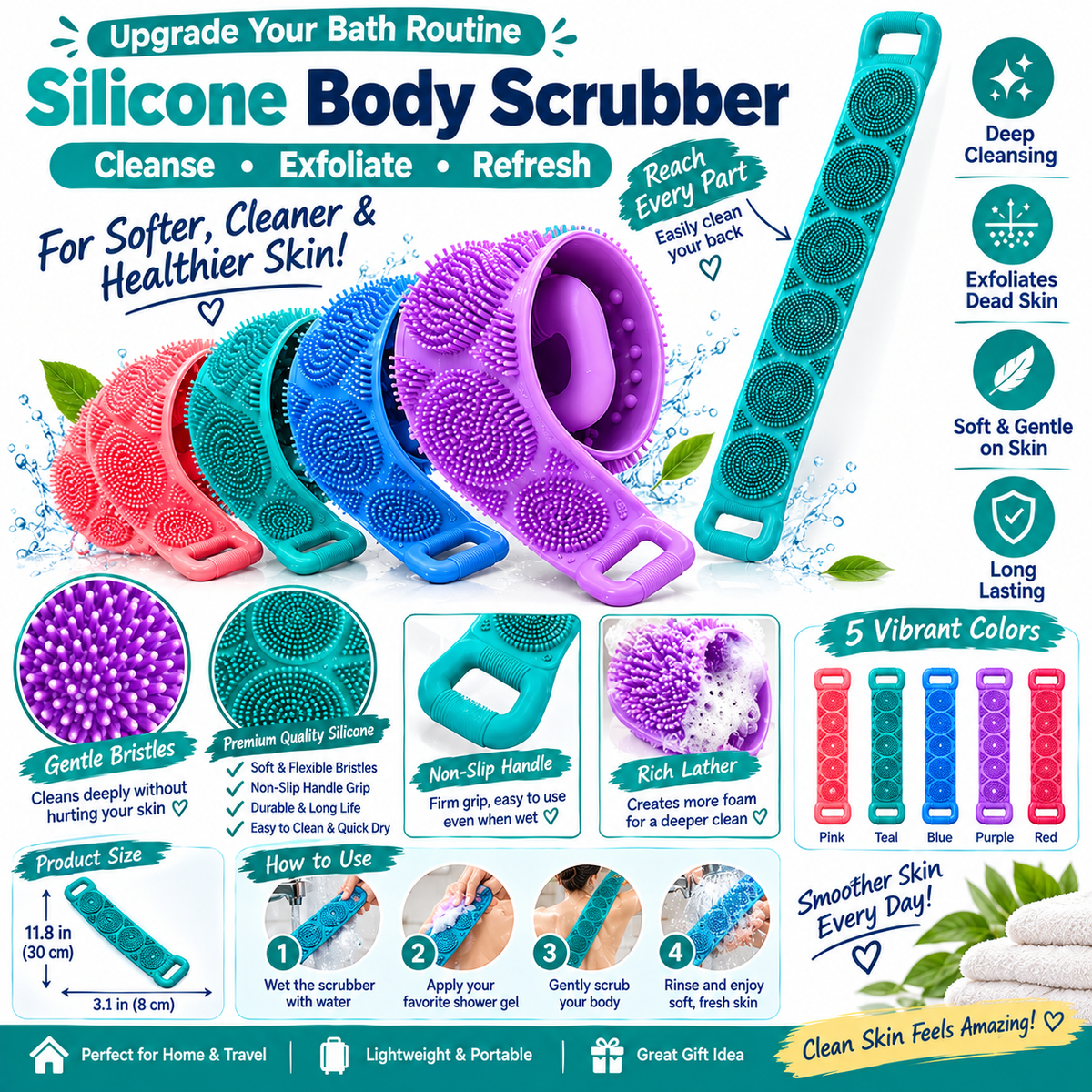 Silicone Body Scrubber Bath Belt For Men And Women Exfoliating Back Washer Shower Strap With Massage Nubs