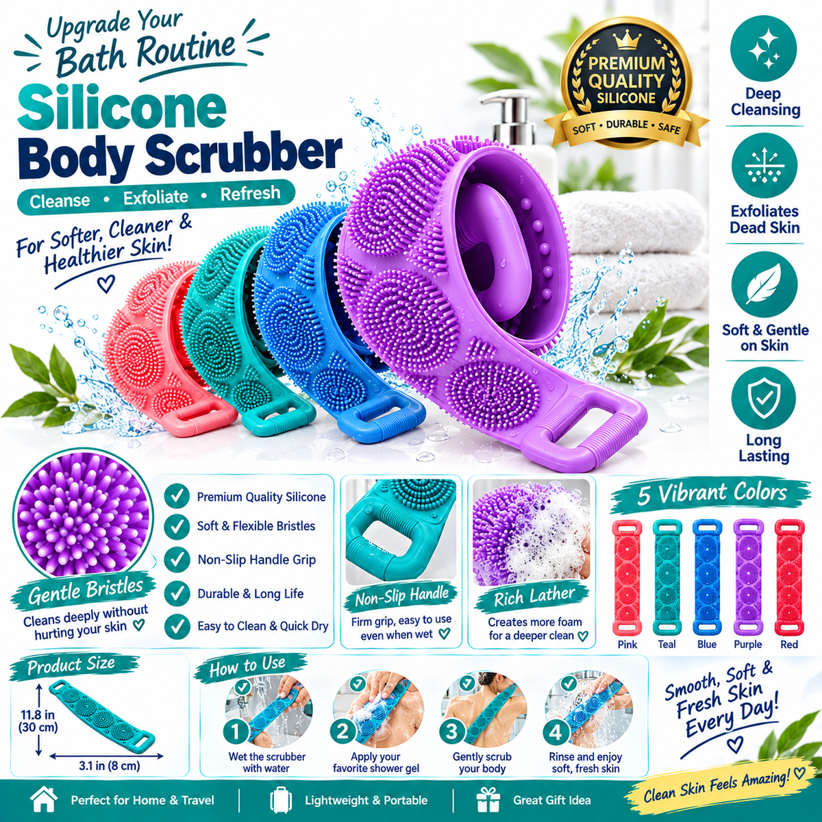 Silicone Body Scrubber Bath Belt For Men And Women Exfoliating Back Washer Shower Strap With Massage Nubs
