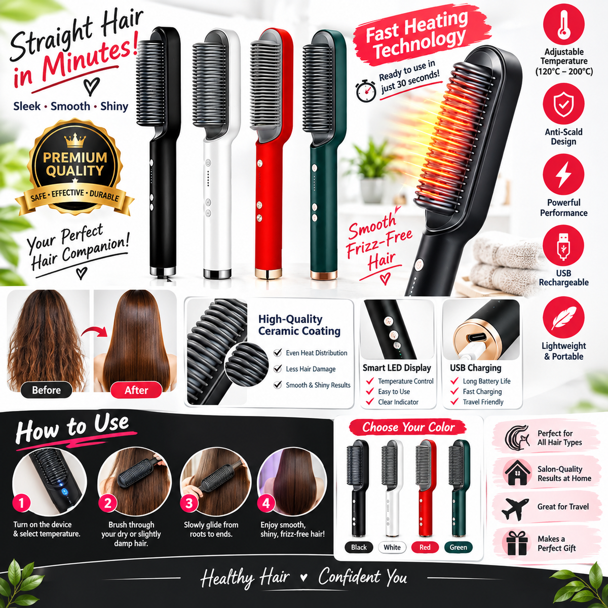 Hair Straightener Brush Curling Comb 2 In 1 Hair Hot Comb Anti-Scald Hair Straightener Brush For Girls Electric Heated Hair Styler Tool, Travel, Professional Salon at Home