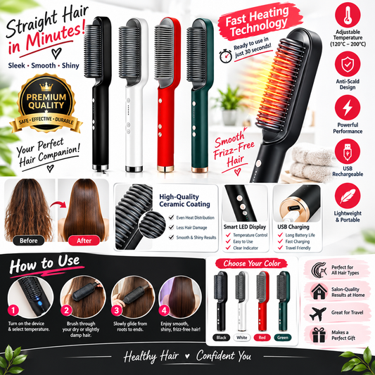 Hair Straightener Brush Curling Comb 2 In 1 Hair Hot Comb Anti-Scald Hair Straightener Brush For Girls Electric Heated Hair Styler Tool, Travel, Professional Salon at Home