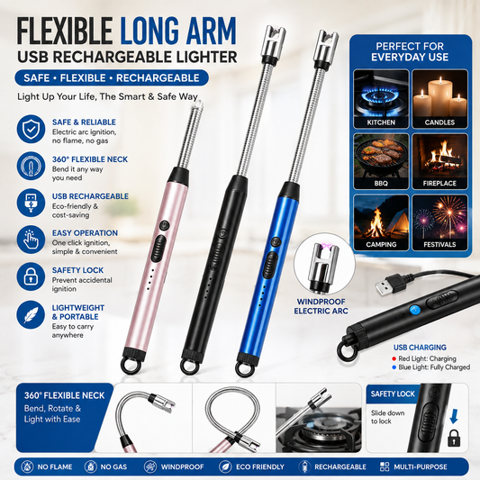 Electric Arc USB Rechargeable Flameless Arc Lighter Flexible and Windproof for Candles, Hiking, Camping, Kitchen, Fireplaces 360 degree free rotation