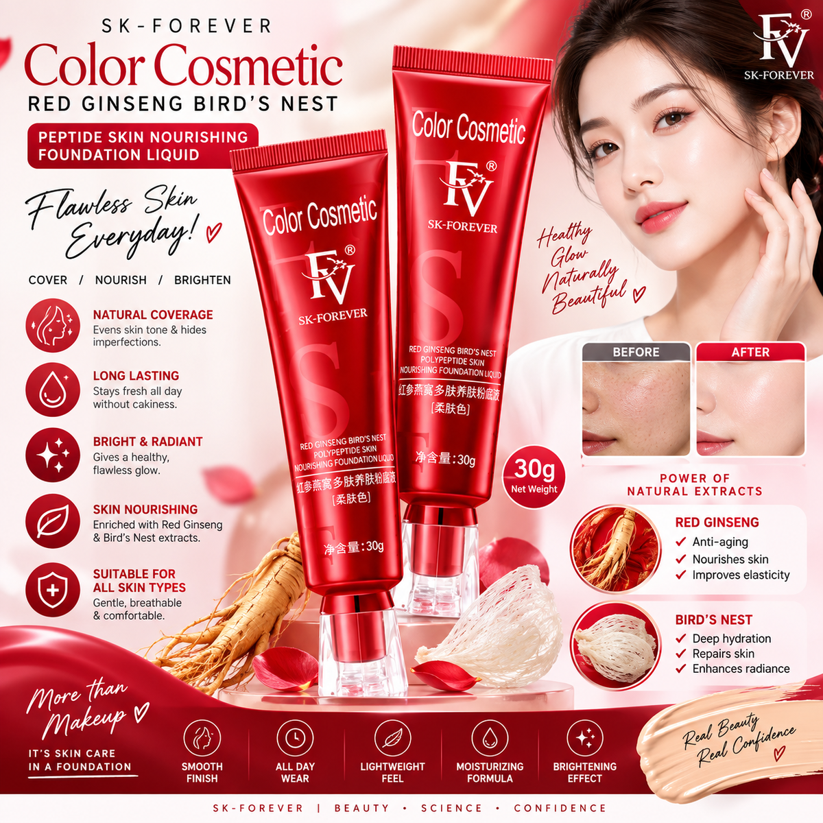 FV Foundation (Ivory) Oil Absorb Liquid Foundation Best Tube Foundation Full Coverage Base 30g