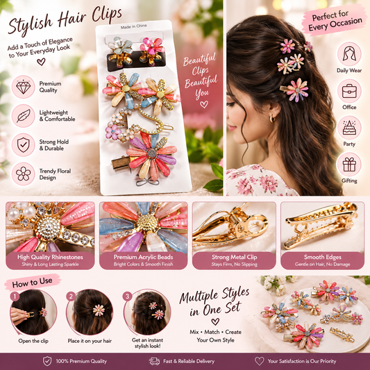 Women’s Floral Hair Clips Set – Cute Flower Hair Barrettes with Rhinestones & Beaded Design, Elegant Decorative Hair Accessories for Girls & Women