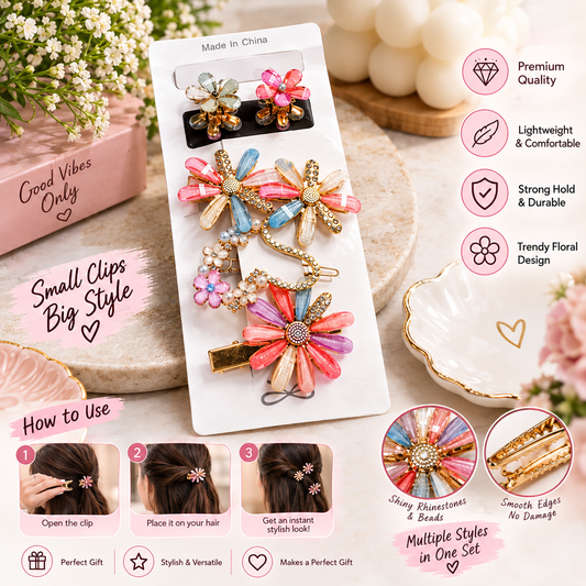 Women’s Floral Hair Clips Set – Cute Flower Hair Barrettes with Rhinestones & Beaded Design, Elegant Decorative Hair Accessories for Girls & Women