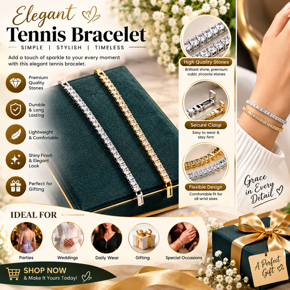 Tennis Bracelet for Women – Sparkling Cubic Zirconia Crystal Bracelet, Gold & Silver Fashion Jewelry