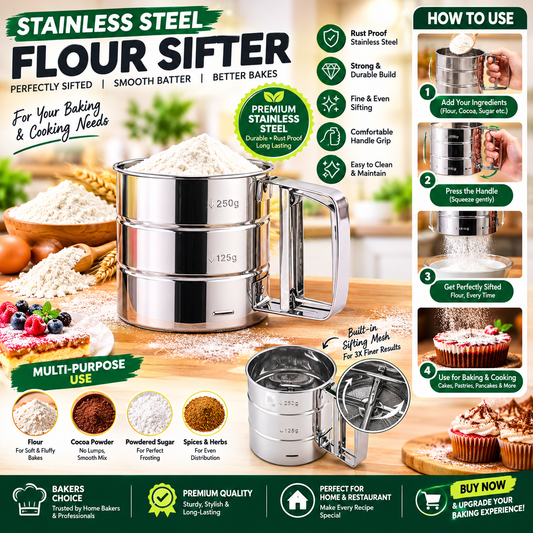 Stainless Steel Flour Sifter Cup | Large Capacity Atta Chalni Hand Press Sieve for Baking | Corrosion Resistant Flour Sieve for Sugar, Coffee, Cake, and Powdered Ingredients