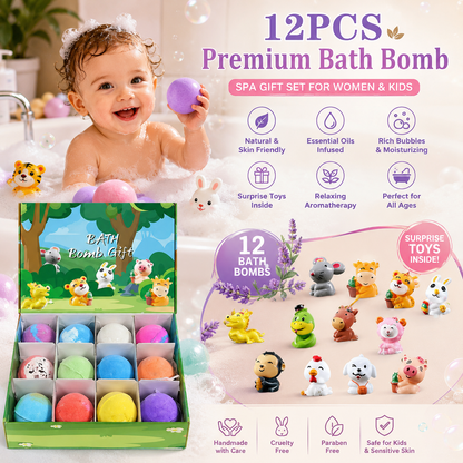 12 PCS Luxury Kids & Women Bath Bomb Gift Box | Handmade Aromatherapy Bubble Bath Fizzers with Surprise Animal Toys