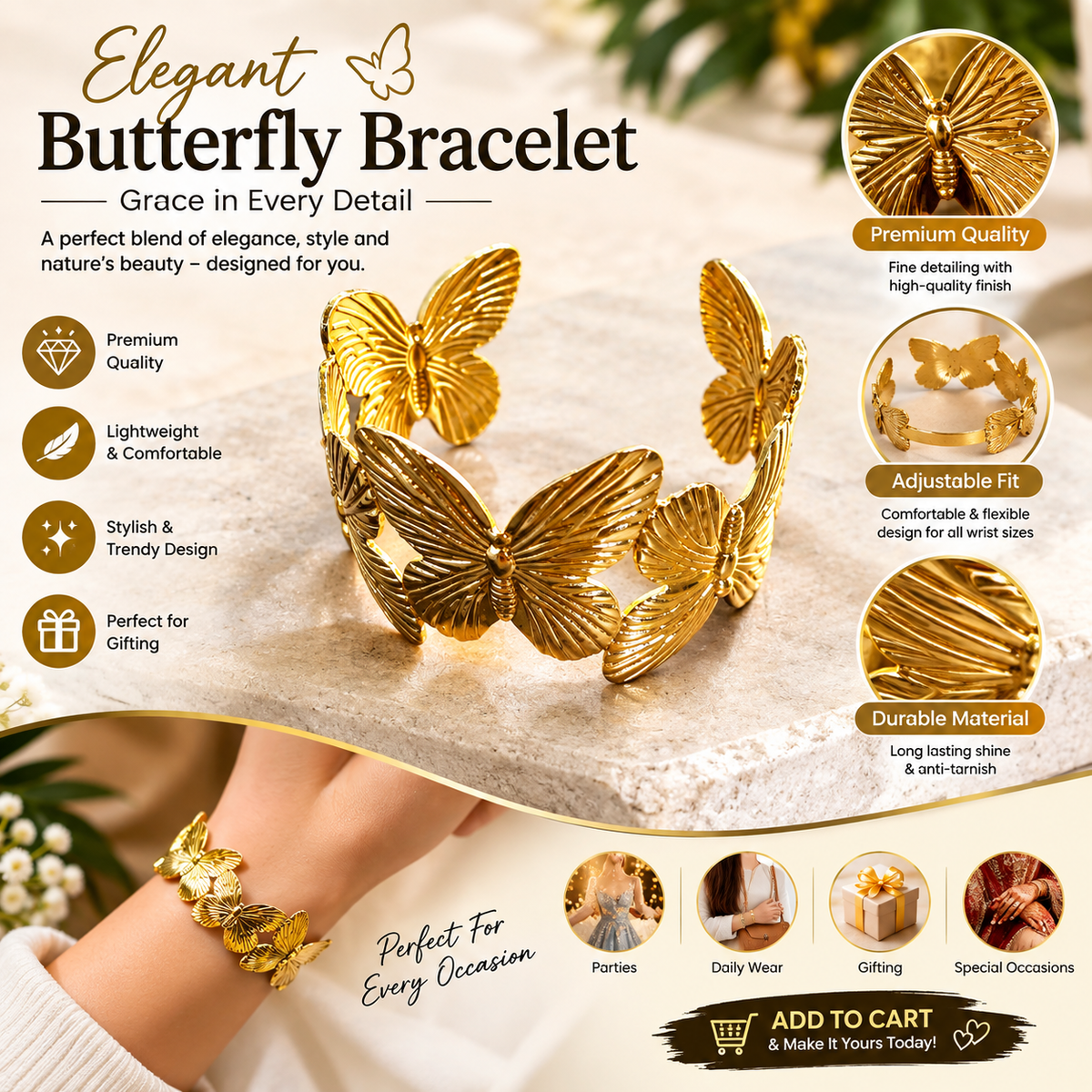 Gold Butterfly Bracelet for Women – Elegant Adjustable Cuff Bangle, Luxury Fashion Jewelry