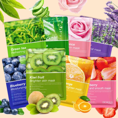 BIOAQUA Randum Pack of 5 Fruit Plant Extract Blueberry, Green tea, Freshen Orange, Strawberry, Kiwi fruit Moisturizing Brighten Facial Sheet Mask