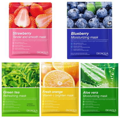 BIOAQUA Randum Pack of 5 Fruit Plant Extract Blueberry, Green tea, Freshen Orange, Strawberry, Kiwi fruit Moisturizing Brighten Facial Sheet Mask
