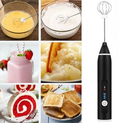 2 in 1 Rechargeable Electric Coffee Beater & Egg Whisk | 3-Speed USB Handheld Milk Frother Mixer for Cappuccino, Latte & Baking