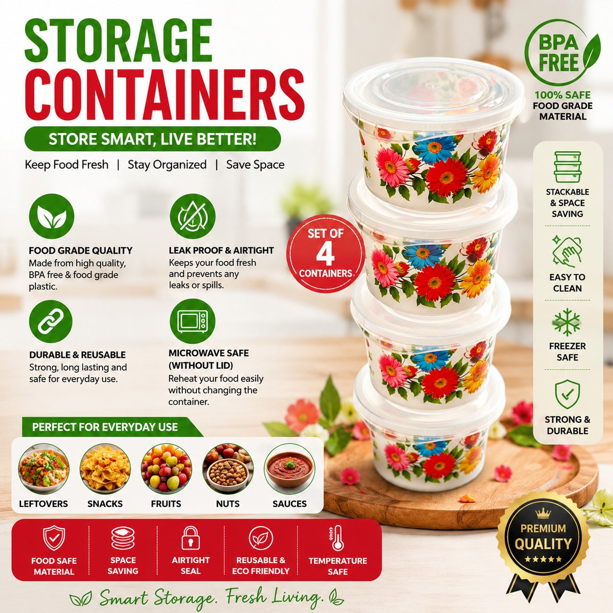 Premium 4-Piece Floral Printed Food Storage Container Set - BPA Free, Airtight Leak Proof, Stackable Kitchen Organizers with Lids