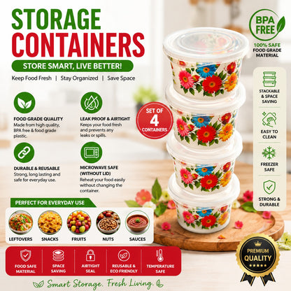 Premium 4-Piece Floral Printed Food Storage Container Set - BPA Free, Airtight Leak Proof, Stackable Kitchen Organizers with Lids