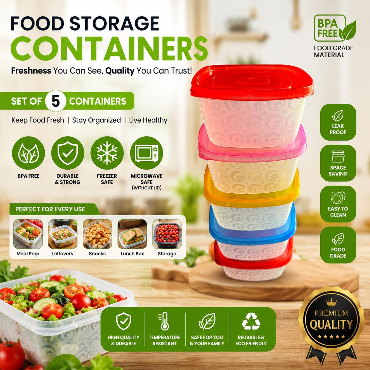 Premium 5-Piece Square Food Storage Container Set - BPA Free, Leak Proof, Stackable Kitchen Organizers with Colorful Lids