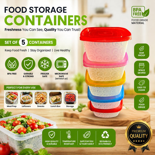 Premium 5-Piece Square Food Storage Container Set - BPA Free, Leak Proof, Stackable Kitchen Organizers with Colorful Lids