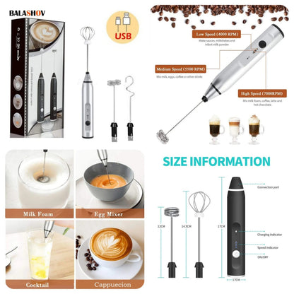 2 in 1 Rechargeable Electric Coffee Beater & Egg Whisk | 3-Speed USB Handheld Milk Frother Mixer for Cappuccino, Latte & Baking