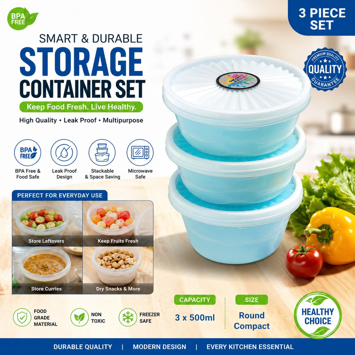 Premium 3-Piece Round Food Storage Container Set - BPA Free, Leak Proof, Stackable Kitchen Organizers - 500ml Each