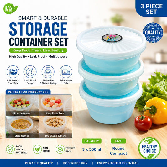 Premium 3-Piece Round Food Storage Container Set - BPA Free, Leak Proof, Stackable Kitchen Organizers - 500ml Each
