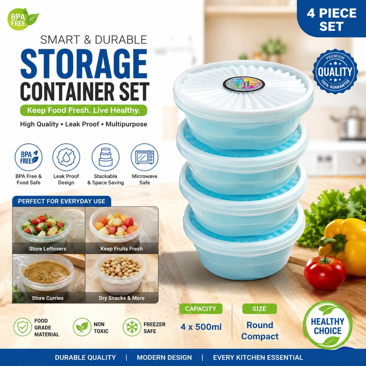 Premium 4-Piece Round Food Storage Container Set - BPA Free, Leak Proof, Stackable Kitchen Organizers - 500ml Each