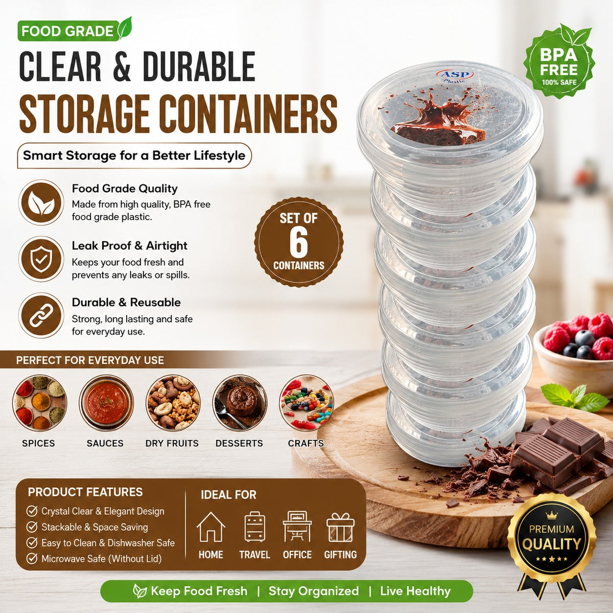 ASP Plastic Premium Transparent Round Storage Container Set - BPA Free, Airtight Leak Proof Kitchen Organizers with Lids
