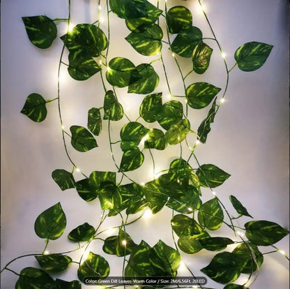 Artificial  Fairy Lights – Pothos Leaf LED String Lights | Battery Operated Greenery Decor for Bedroom, Wall, Wedding & Party Decoration