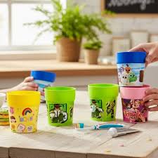 Kids Cartoon Character Drinking Cups Set - Colorful Plastic Tumbler Cups with Lid / Storage Cap for Water, Milk & Juices