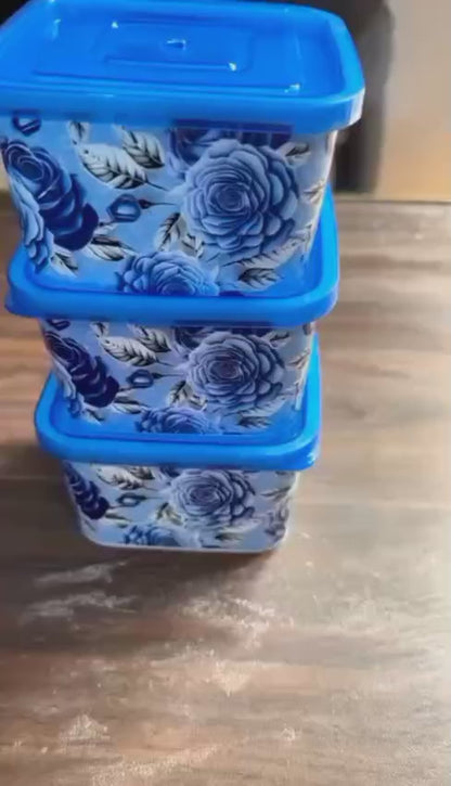 Premium Blue Floral Food Storage Containers Set - Airtight & Leakproof, BPA Free Square Kitchen Organizers with Blue Lids