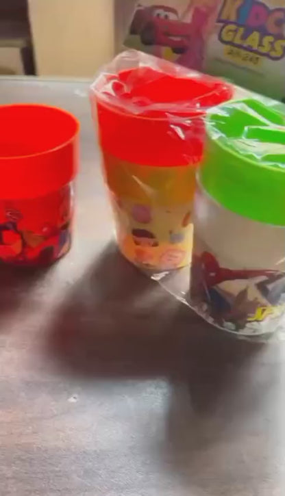 Kids Cartoon Character Drinking Cups Set - Colorful Plastic Tumbler Cups with Lid / Storage Cap for Water, Milk & Juices